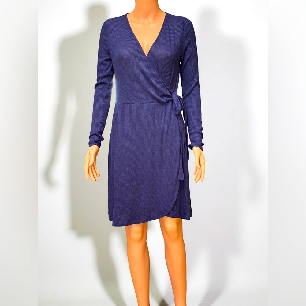 Express Blue Faux Wrap Dress Long Sleeve V-Neck Medium